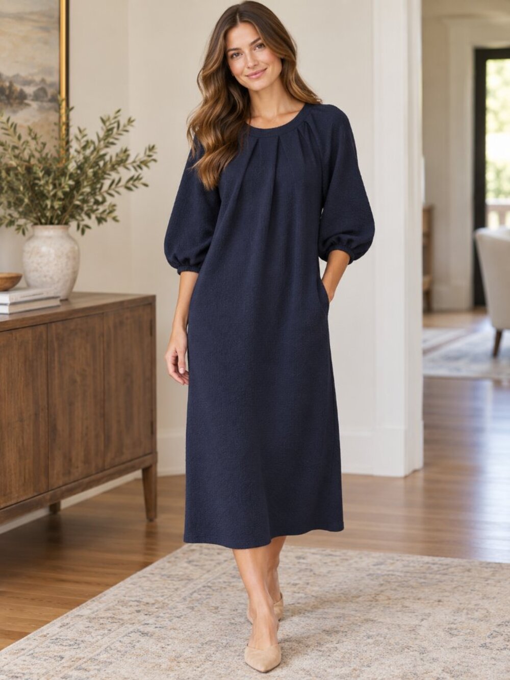 Tuckernuck Elsa Dress M Navy Textured Knit Midi Puff Sleeve Pockets
